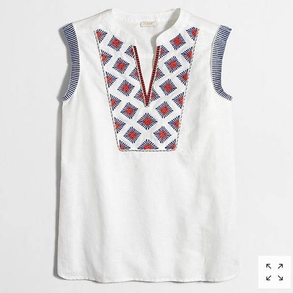 J. Crew Tops - J.Crew white linen blend embroidered top